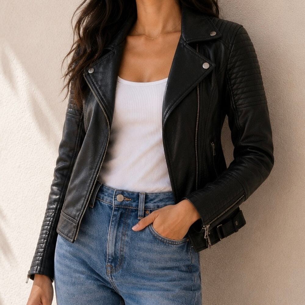 TOPSHOP x NORDSTROM | Faux Leather Moto Biker‎ Jacket Quilted Black | Size 4